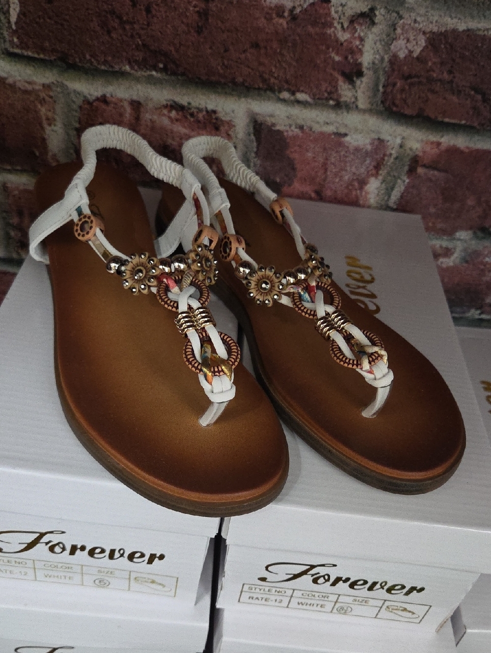 Forever Brand White Beaded T-Strap Sandals with Gold Accents